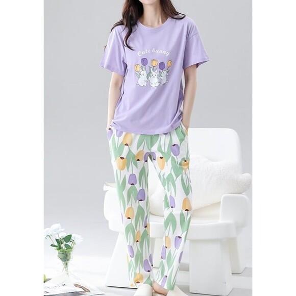 100% Cotton Women Pajama Set Short Sleeve Pullover Top Soft Purple S M L - Picture 4 of 10